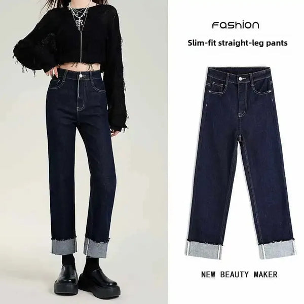 Deep Blue Straight-Leg Jeans Women's High-Waisted Slimming Petite Style Loose Fit New Arrival Autumn Collection