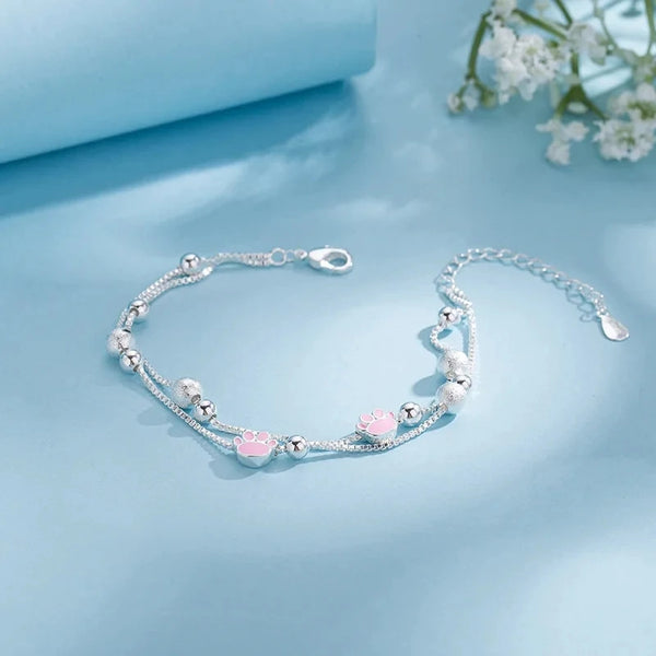 Sliver-plated Double Layer Bracelet for Women Girl Pink Cat Paw Animal Lovely Sweet Jewelry Birthday Gift